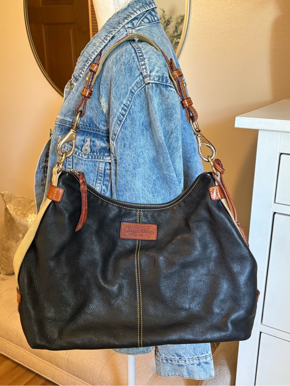 Dooney & Bourke Black Leather Shoulder Bag with Brown Trim